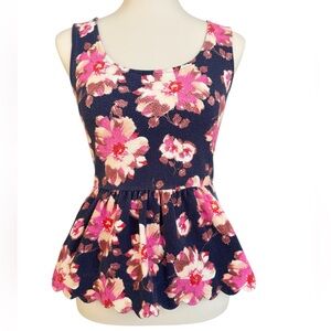 Anthropologie Postmark Floral Peplum Top Size XS Navy Pink Scalloped Back
